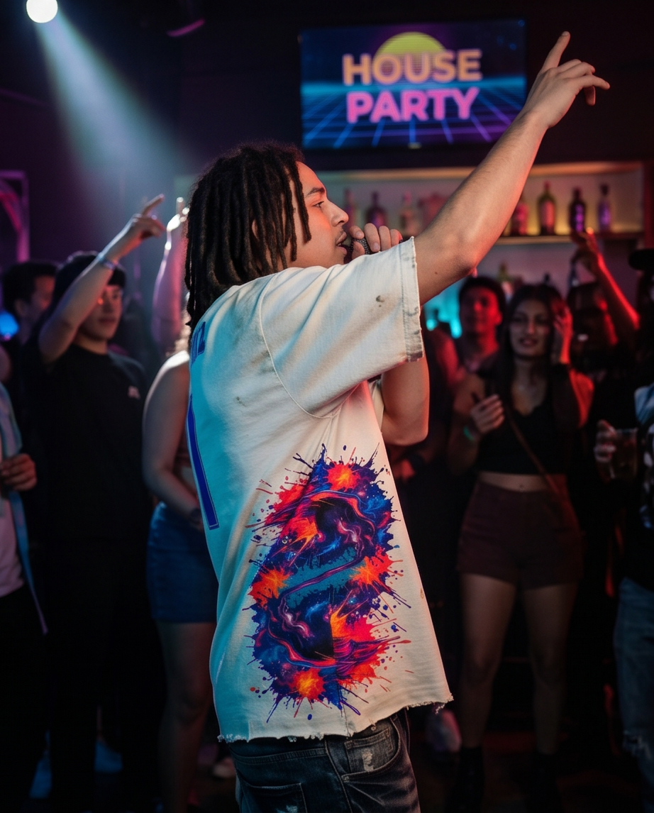 Side profile of the Off-White "The Drank Mario" top, highlighting the medium-length cropped drape, oversized silhouette, and custom frayed distressing along the edges.