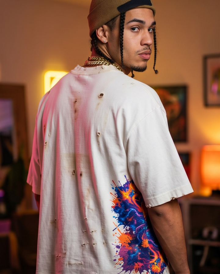 Back view of the custom 1-of-1 Off-White streetwear top, showcasing the oversized fit, medium cropped length, and artistic burned and distressed detailing.