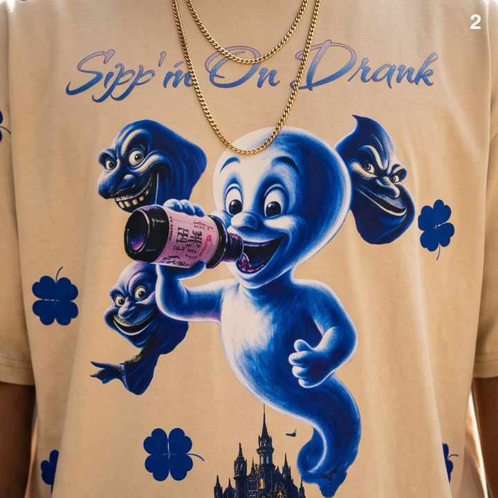 Detailed close-up of the "Sippin on Drank" Casper graphic print and premium fabric texture on the Desert Beige streetwear t-shirt.
