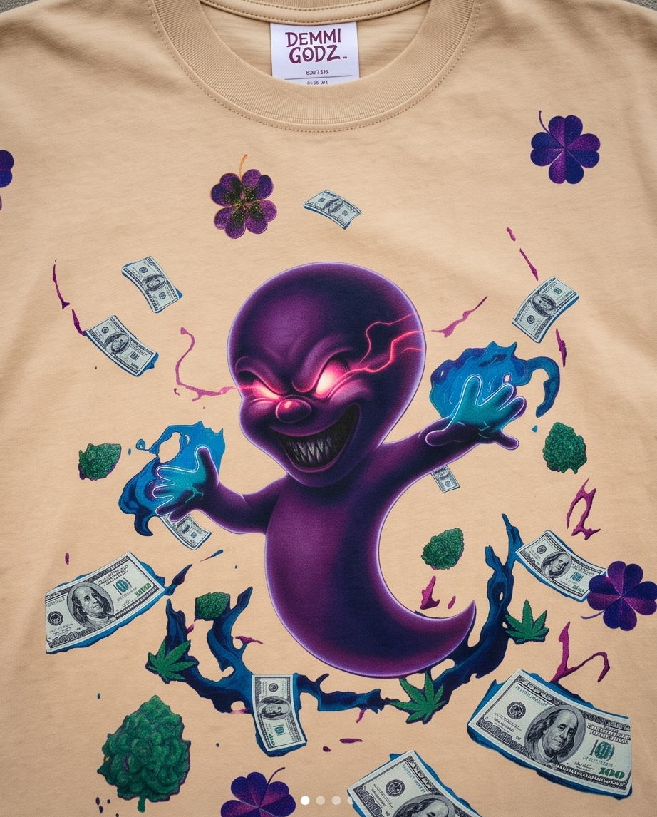 Close-up detail of the custom "Died For The $" Casper graphic print on the front of the premium beige streetwear t-shirt.