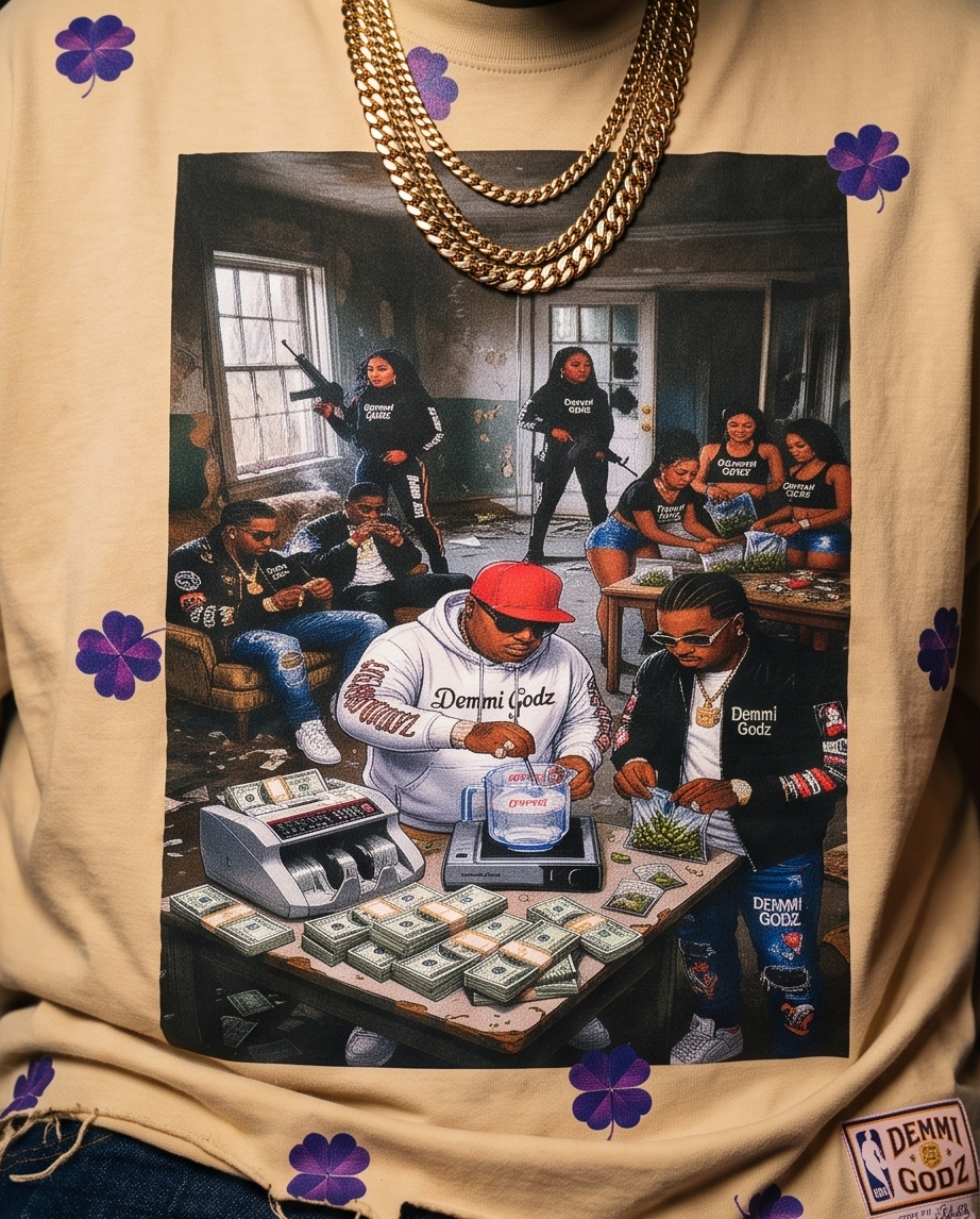 Close-up detail of the intentional distressing and premium fabric on the Desert Beige "Trap House" t-shirt.