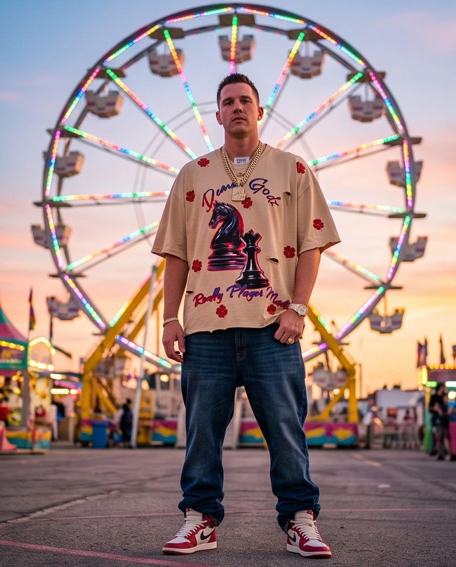 Front view of the Men’s "Chess Moves" oversized cropped streetwear tee in Desert Beige, size XL, showcasing the boxy fit and central graphic.