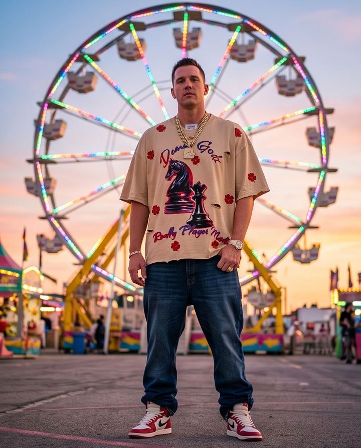 Front view of the Men’s "Chess Moves" oversized cropped streetwear tee in Desert Beige, size XL, showcasing the boxy fit and central graphic.