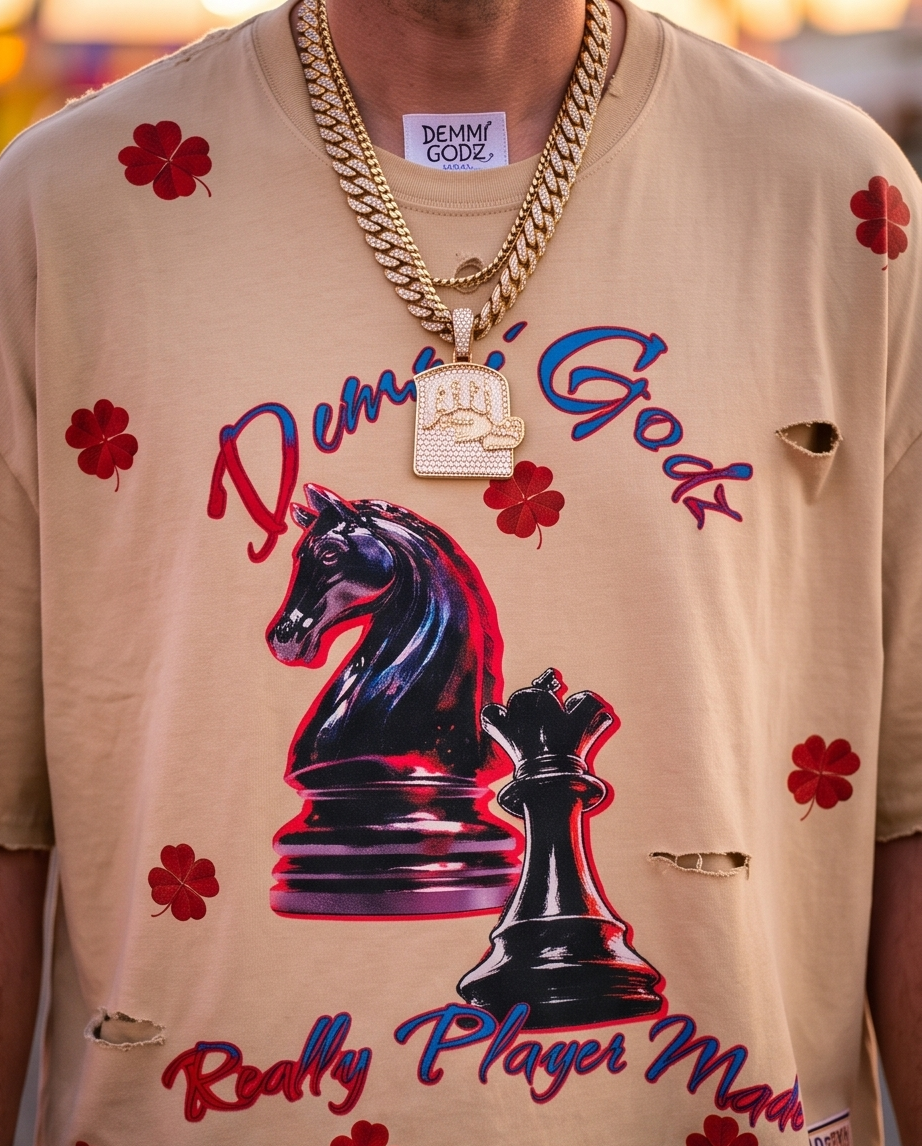 Close-up detail of the "Chess Moves" graphic and the intentional hand-distressed, tattered hem on the Desert Beige cropped t-shirt.