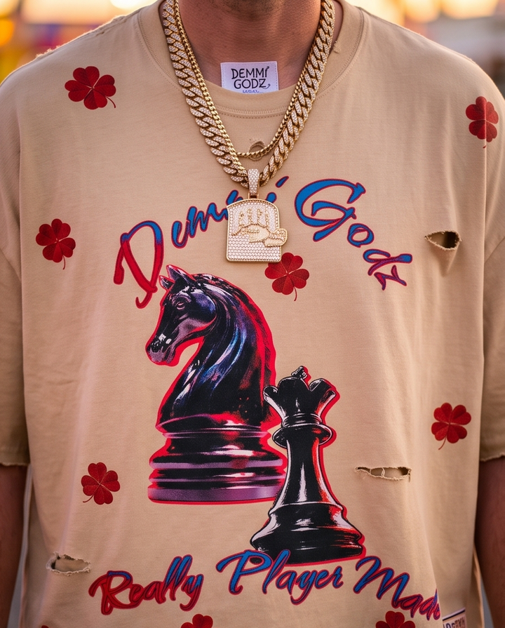 Close-up detail of the "Chess Moves" graphic and the intentional hand-distressed, tattered hem on the Desert Beige cropped t-shirt.