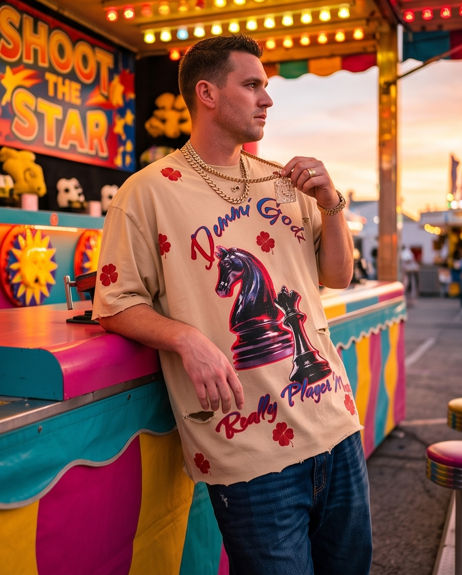 Stylized streetwear look featuring the oversized "Chess Moves" Desert Beige cropped tee, styled with stacked cargo pants for an urban aesthetic.