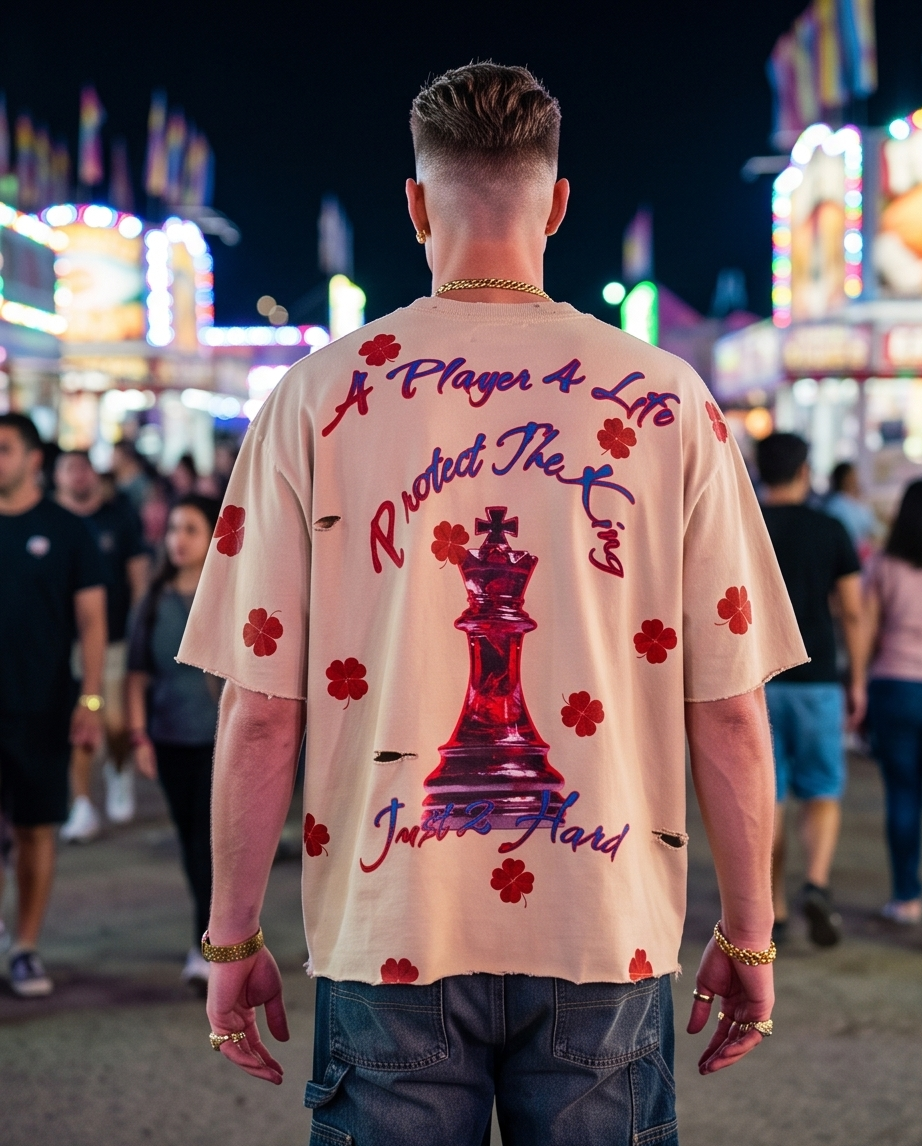 Back view of the Men’s Desert Beige oversized cropped tee, highlighting the loose, boxy silhouette, medium-length cut, and the unique tattered hem from behind.