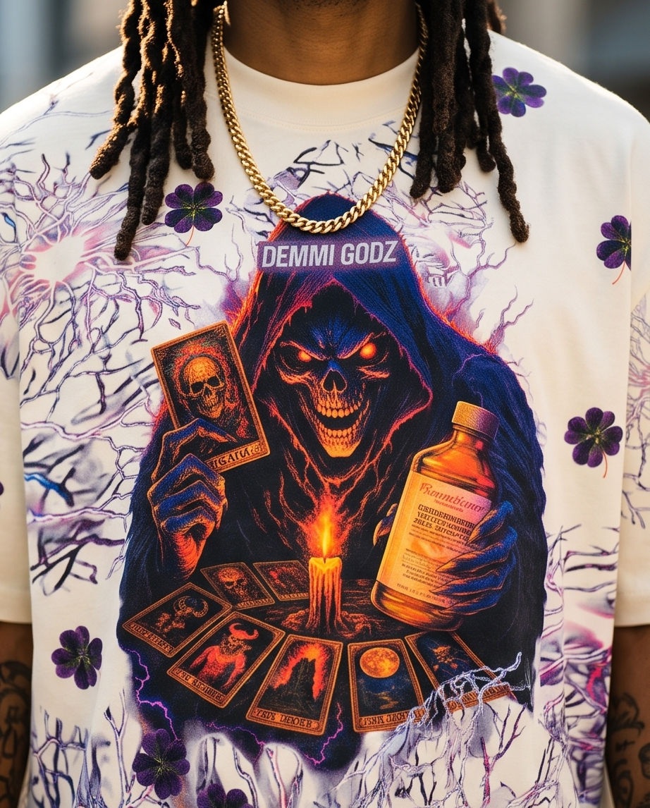 Close-up detail of the Grimm Reaper graphic print on the front of a black Off-White heavyweight streetwear t-shirt, showcasing the texture of the 7.5oz fabric and print quality.