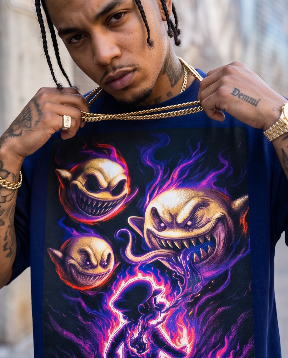 Close-up detail of the front graphic on the navy blue "Ghosts of Mario" streetwear t-shirt, highlighting the premium 7.5oz heavyweight cotton texture and vibrant print quality.