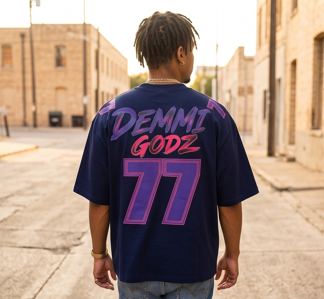 Full back view of the "Ghosts of Mario" navy blue heavyweight streetwear t-shirt, showing the clean silhouette and oversized fit from behind.
