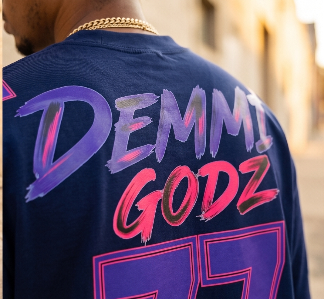 Detailed close-up of the upper back and neckline on the navy blue heavyweight t-shirt, showcasing the durable stitching, fabric quality, and rear urban design elements.
