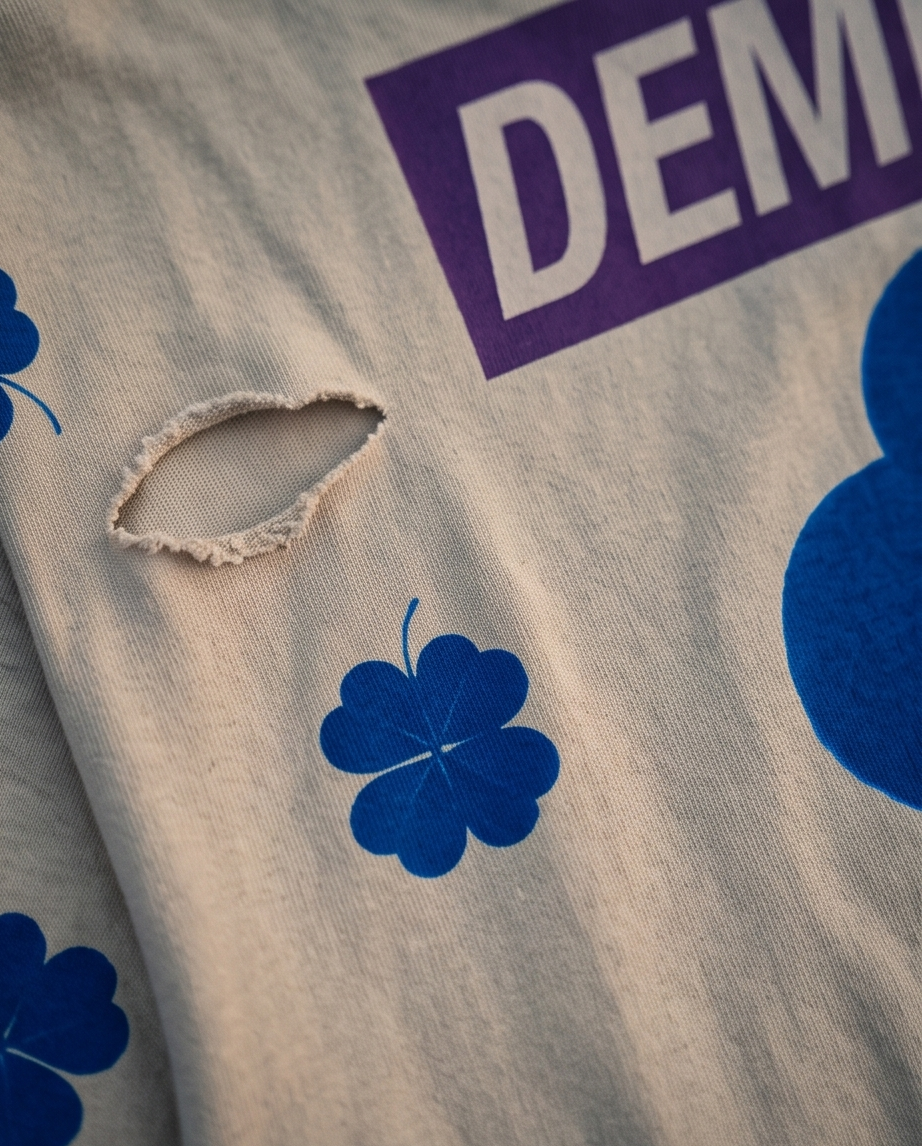 Close-up back view of a 1-of-1 urban streetwear cropped tee, showcasing the meticulous hand-tattered and distressed detailing along the back neck and bottom hem of the 7.5oz desert beige fabric.
