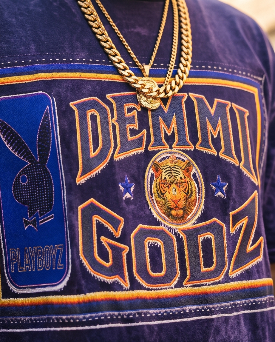 Close-up detail of the premium soft cotton fabric and signature branding on the front of the Demmi Godz purple vintage washed oversized t-shirt.
