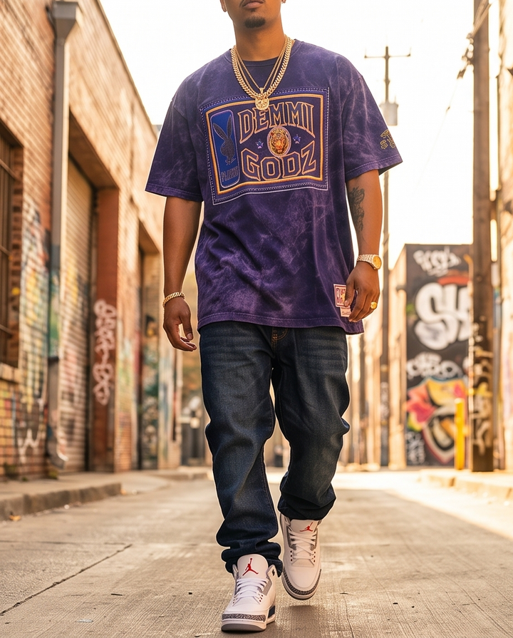 Front view of Demmi Godz XL purple vintage washed oversized streetwear t-shirt showing the relaxed fit and crew neckline.