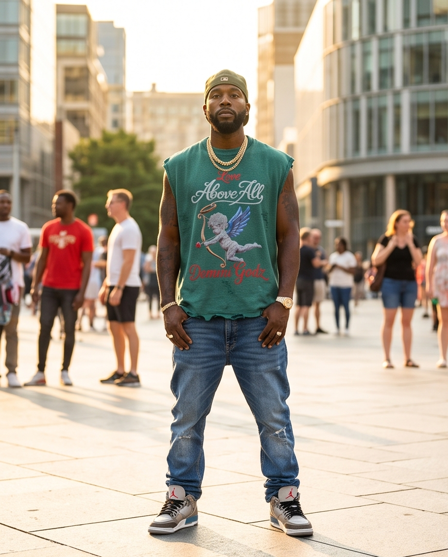 Front view of a men’s oversized green waffle knit streetwear t-shirt with a vintage washed finish and relaxed dropped shoulders.