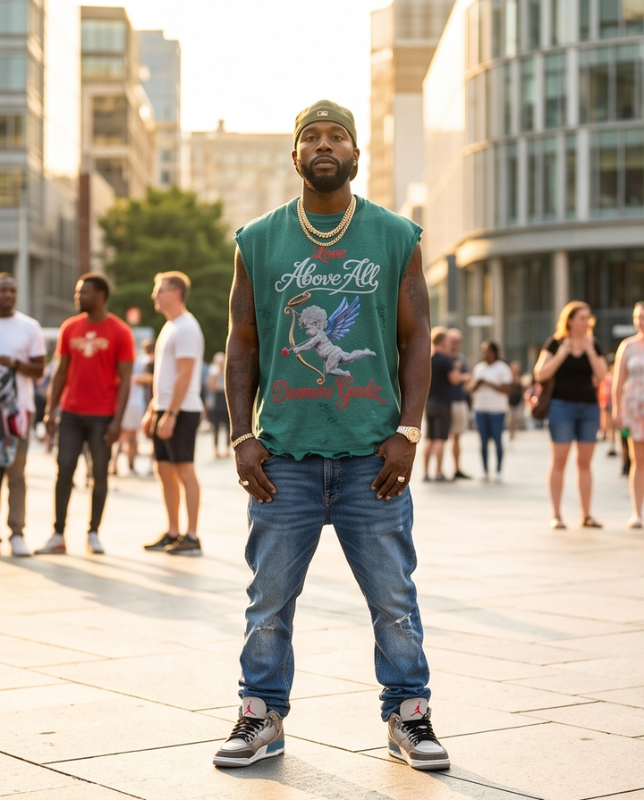 Front view of a men’s oversized green waffle knit streetwear t-shirt with a vintage washed finish and relaxed dropped shoulders.