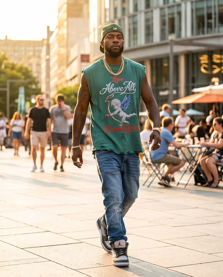 Man styling the oversized vintage green cut-off tee in an urban streetwear look, paired with stacked denim and sneakers.