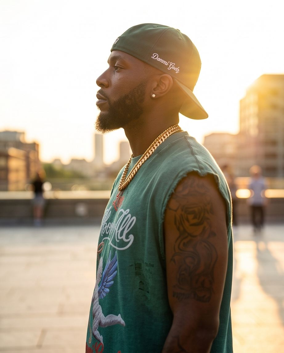 Side view of the boxy oversized fit tee highlighting the raw-edge cut-off sleeves and relaxed silhouette.