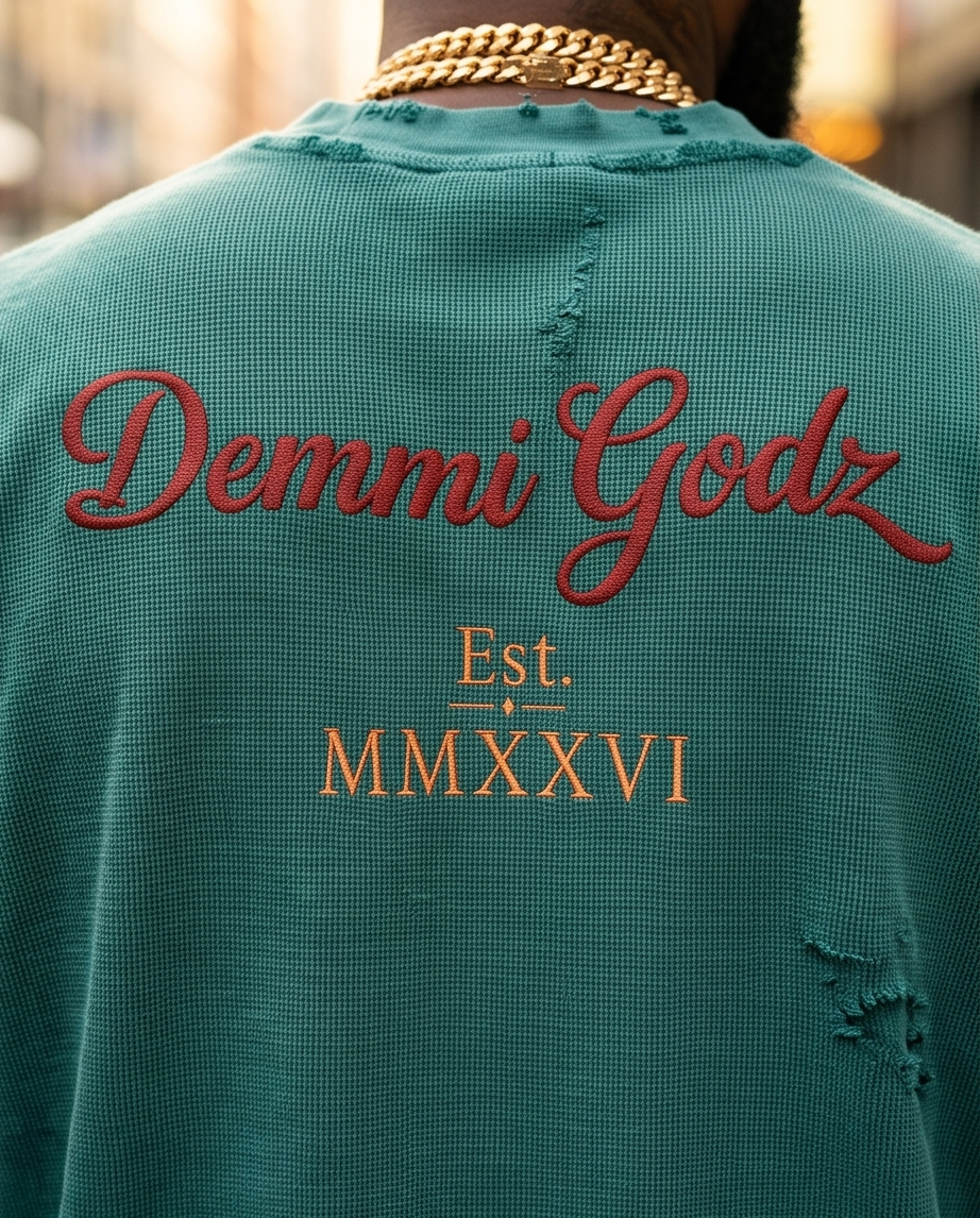 Close-up of the back of the vintage green waffle knit shirt, showcasing the faded wash texture and tattered distressing along the hem