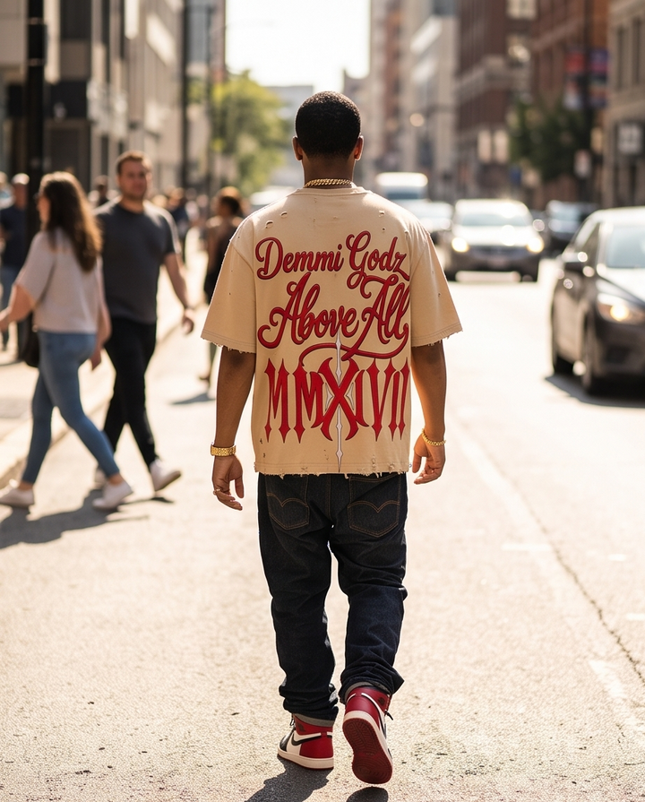 Back view of the Desert Beige heavyweight cropped streetwear t-shirt, highlighting the clean fit and raw hem