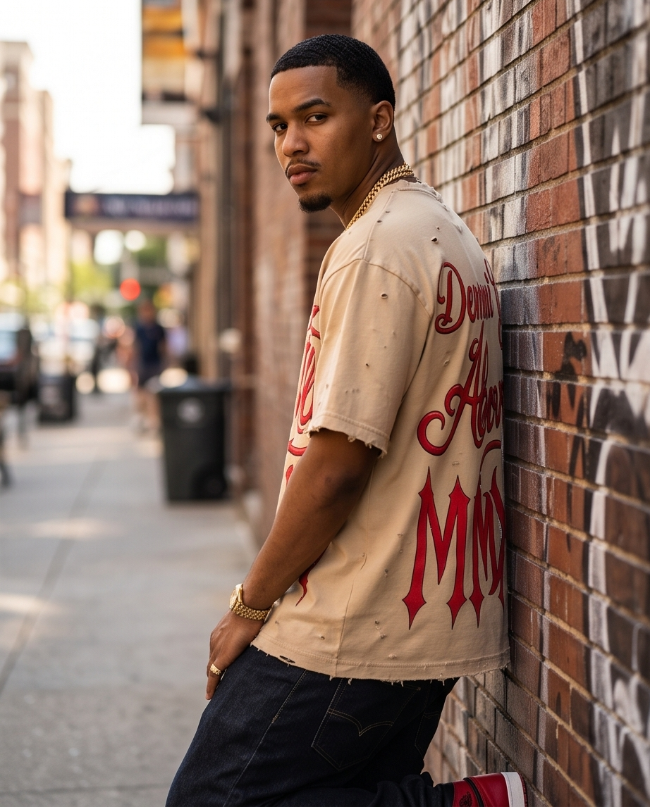 Side profile view of the oversized Desert Beige cropped tee, showing the boxy fit and dropped shoulders.