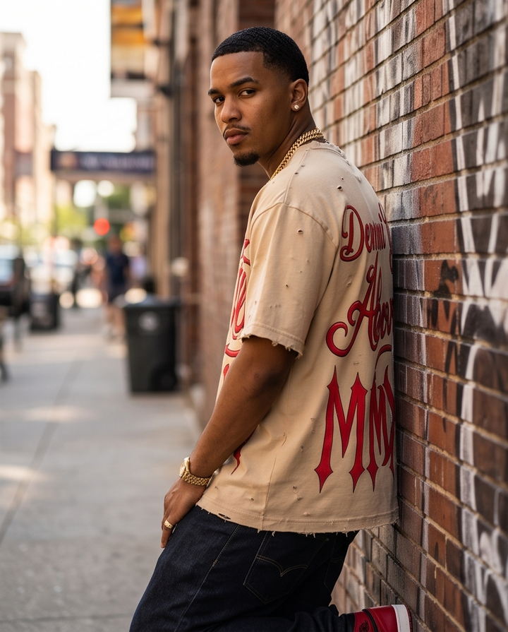 Side profile view of the oversized Desert Beige cropped tee, showing the boxy fit and dropped shoulders.