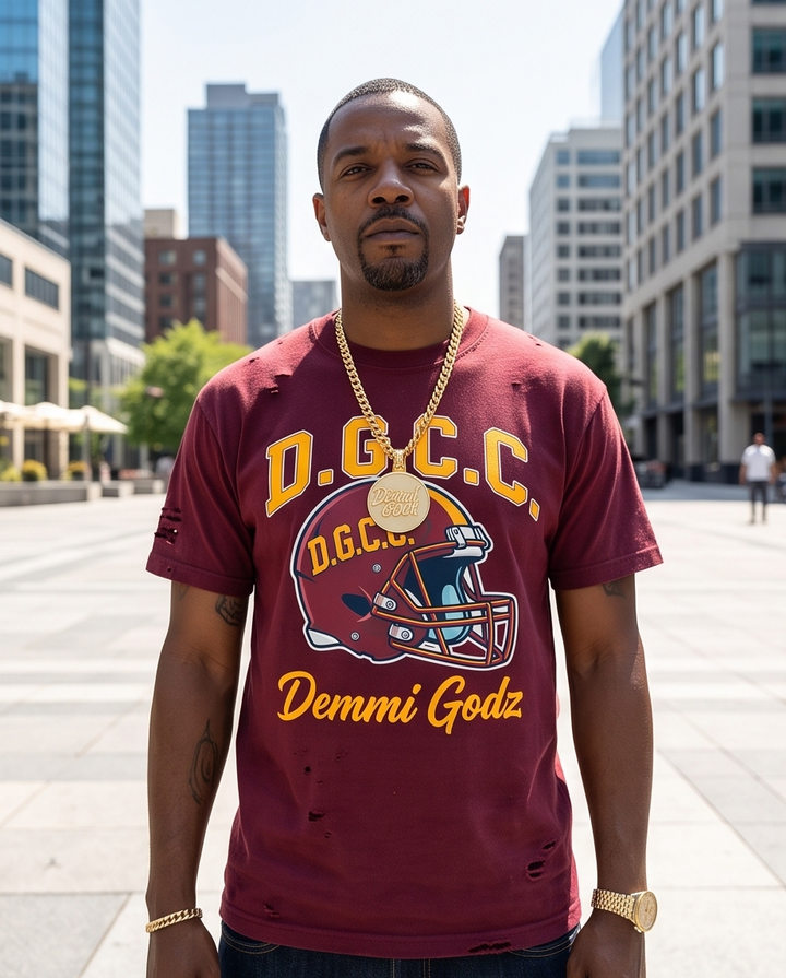 Close-up detail of the DCGG 77 graphic tee in burgundy, highlighting the premium heavyweight cotton texture, custom hand-distressed collar, and high-density crackle-print logo.