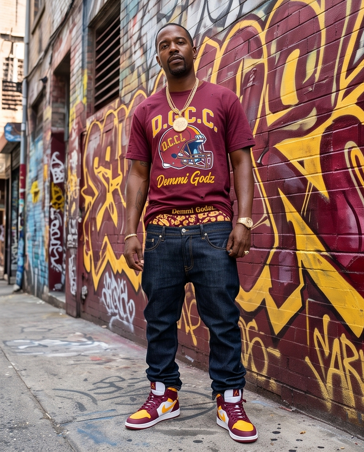 Full-length lifestyle shot of a model posing in the burgundy DCGG 77 cropped graphic tee, styled with baggy cargo pants and sneakers to showcase urban streetwear fashion.