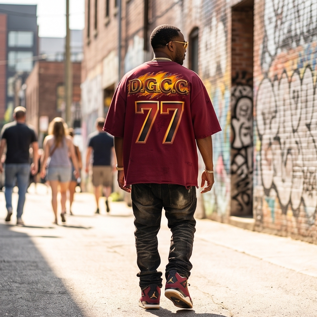 Back view of the burgundy oversized cropped t-shirt, showing the clean, minimalist design, dropped shoulder seams, and the unique distressed detailing along the bottom hem.