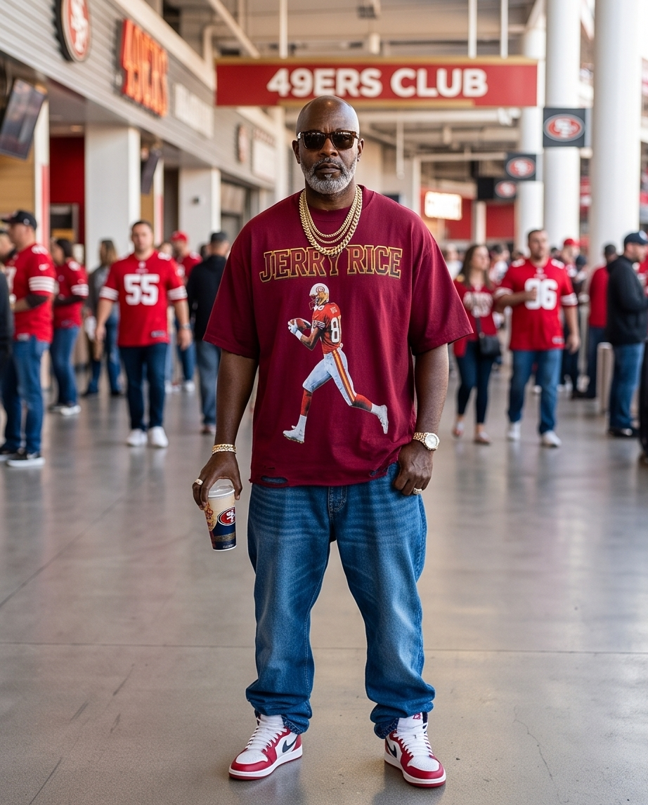 Burgundy oversized streetwear t-shirt with Jerry Rice graphic on chest, featuring cropped hem and boxy fit.