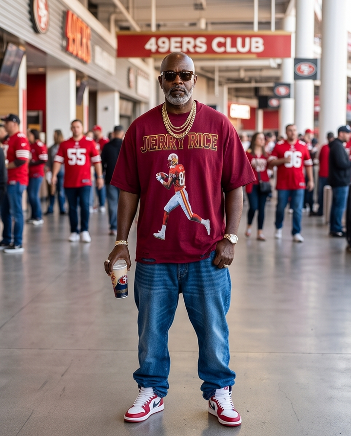 Burgundy oversized streetwear t-shirt with Jerry Rice graphic on chest, featuring cropped hem and boxy fit.