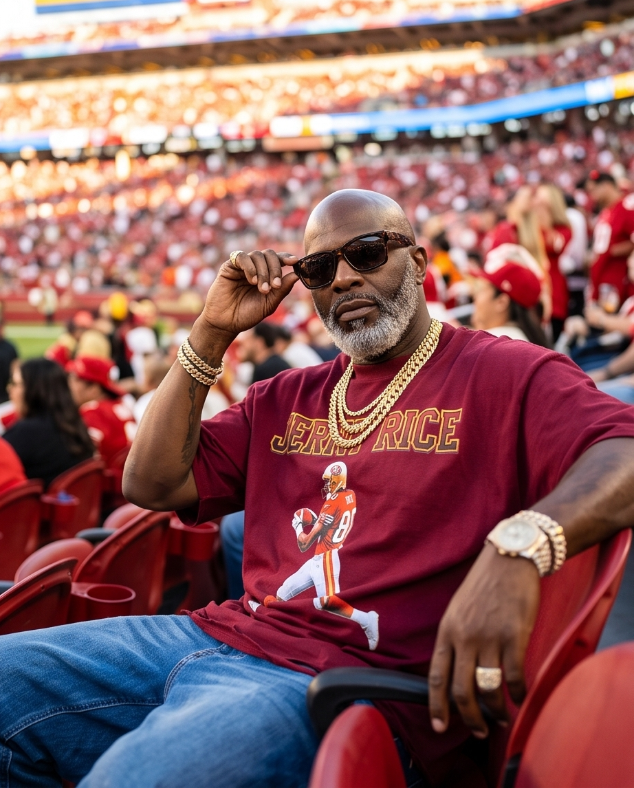 Model wearing oversized burgundy Jerry Rice graphic tee, showcasing the cropped, modern streetwear silhouette.