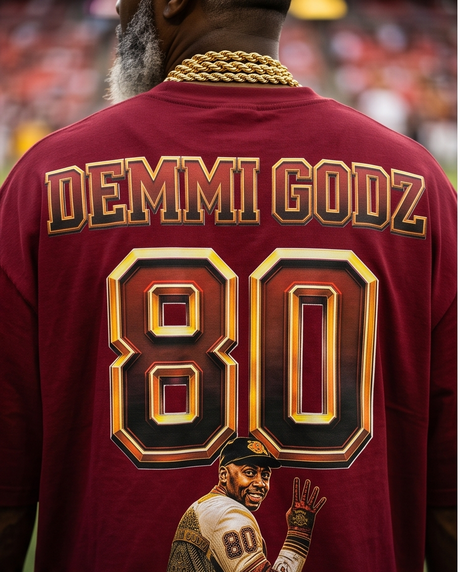 Close-up detail of distressed collar and fabric texture on back of burgundy Jerry Rice graphic t-shirt.