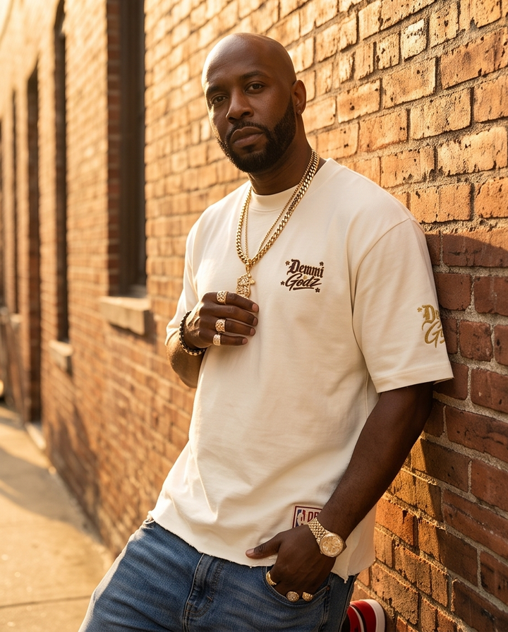 Side profile view of the Off-White t-shirt, highlighting the boxy, oversized silhouette, relaxed dropped shoulders, and the modern cropped length.