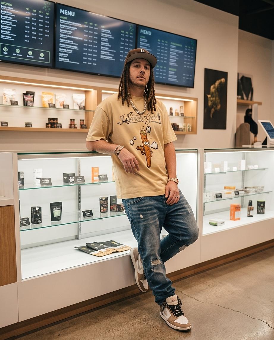 Front view of a man wearing the Desert Beige "I Smoke Good" heavyweight oversized cropped t-shirt in size Medium, showcasing the boxy streetwear fit and central graphic