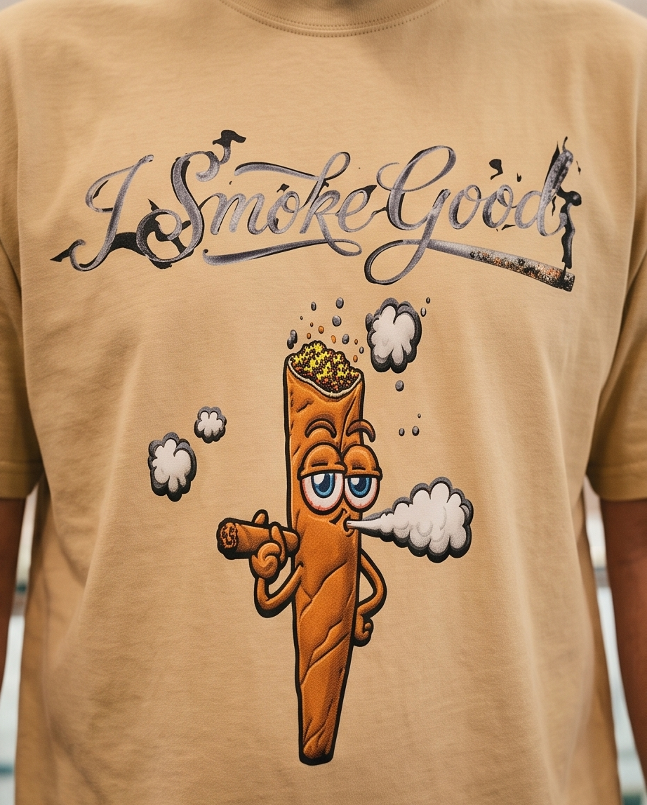 Close-up shot of the high-quality "I Smoke Good" graphic printed on the chest of the premium Desert Beige heavyweight cotton cropped tee.