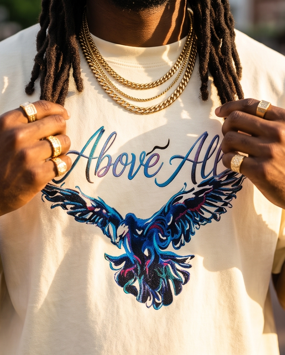 Close-up detail of the premium screen-printed "Above All" graphic and heavy-knit cotton texture on the Off-White streetwear t-shirt.