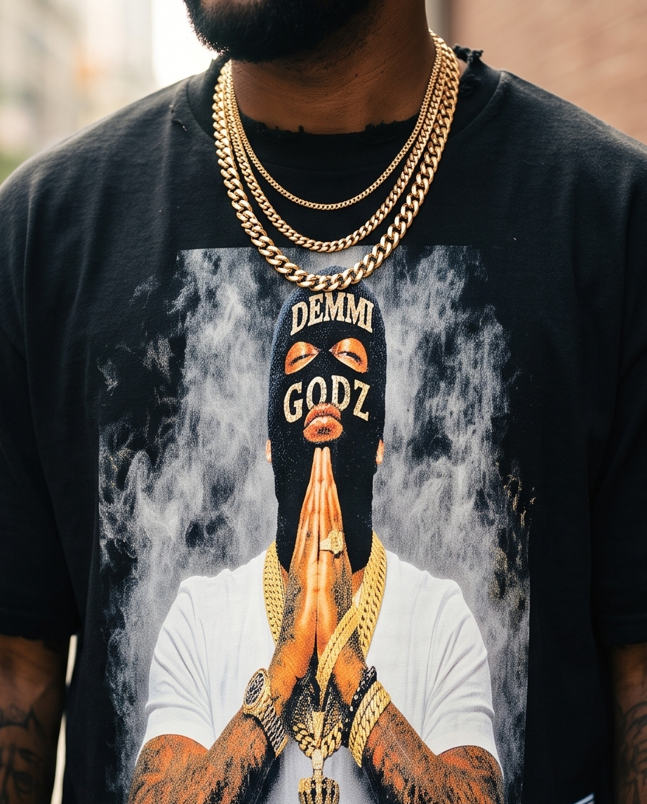 Detailed close-up of the printed Demmi Godz ski mask graphic and raw distressed collar details on a heavyweight black cotton t-shirt.