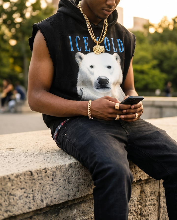 Streetwear style shot of a male model wearing the oversized vintage washed polar bear hoodie, styled in a loose urban fit.