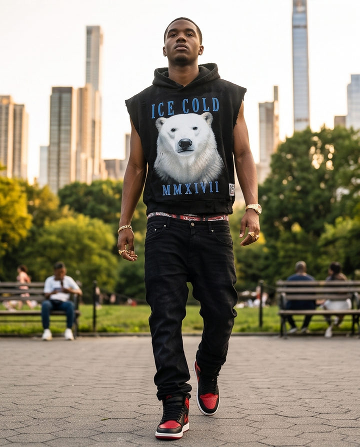 Front view of a men’s oversized heavyweight fleece cut-off sleeve hoodie in vintage washed charcoal, featuring a distressed polar bear graphic on the chest.