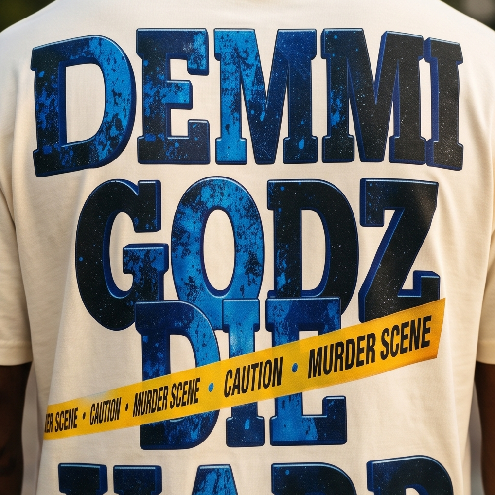 Detailed close-up of the high-density Premeditated graphic artwork printed on the back of a heavy off-white streetwear tee.