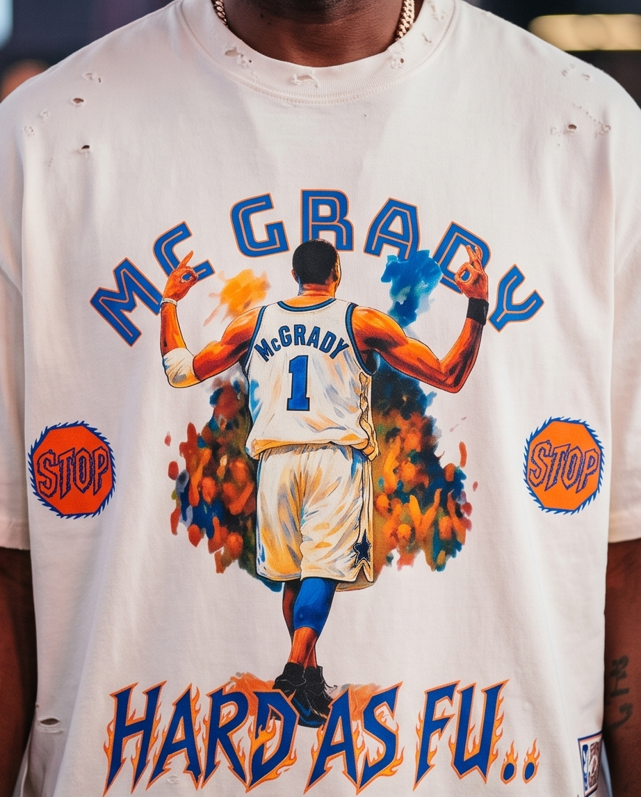 Close-up detail of the vintage-washed McGrady graphic print on premium heavyweight off-white cotton fabric, highlighting the high-quality texture and ribbed crewneck.