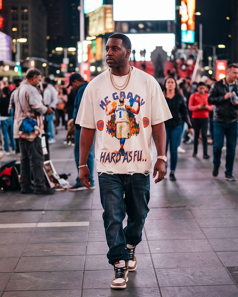 Front view of a man wearing an off-white oversized heavyweight streetwear t-shirt featuring a vintage Tracy McGrady graphic, showcasing the boxy fit, dropped shoulders, and cropped hem.