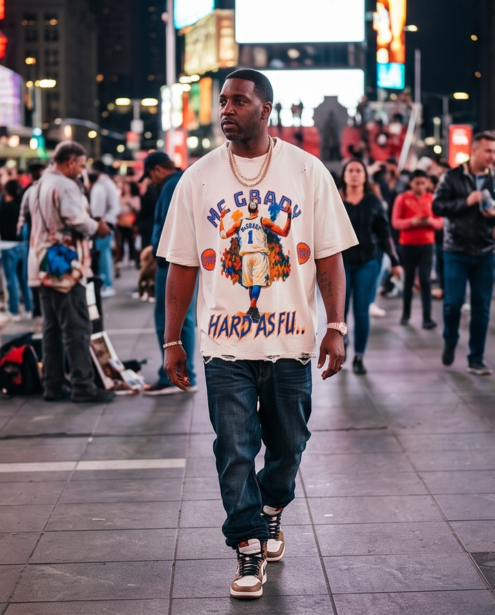 Front view of a man wearing an off-white oversized heavyweight streetwear t-shirt featuring a vintage Tracy McGrady graphic, showcasing the boxy fit, dropped shoulders, and cropped hem.