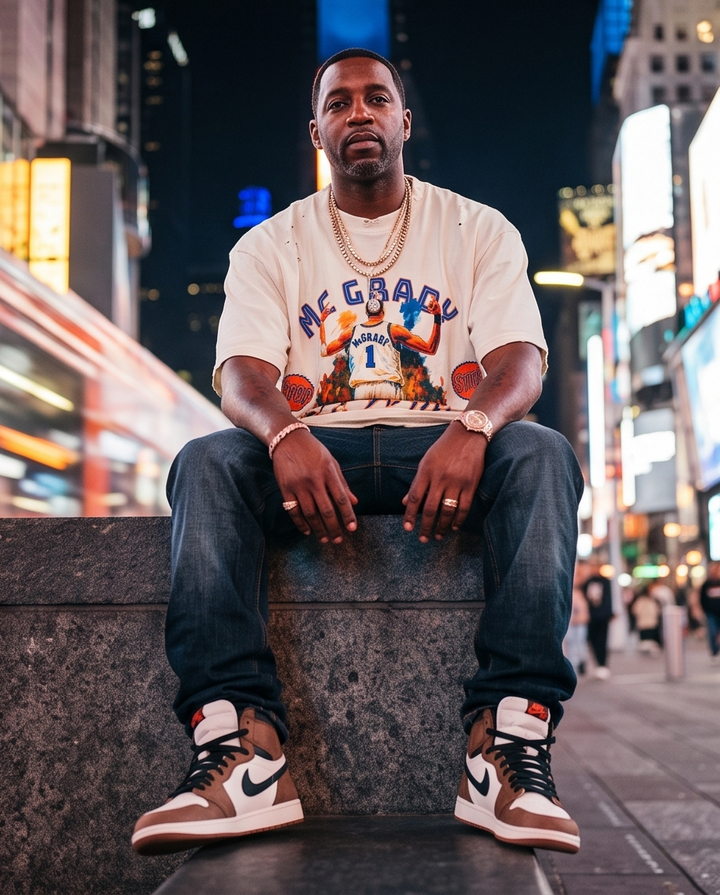 A streetwear model posing dynamically in the off-white McGrady graphic cropped tee, styled with baggy cargo pants and sneakers in an urban setting.