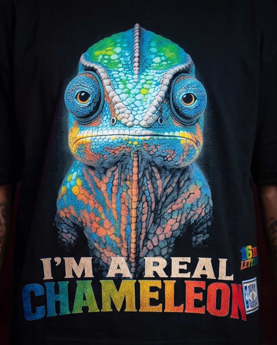 Detailed closeup of the high-density chameleon graphic print on the chest of a black heavyweight cotton t-shirt.