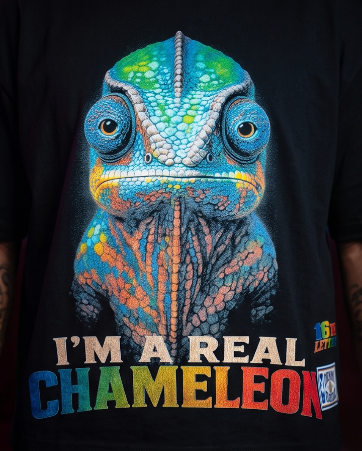 Detailed closeup of the high-density chameleon graphic print on the chest of a black heavyweight cotton t-shirt.